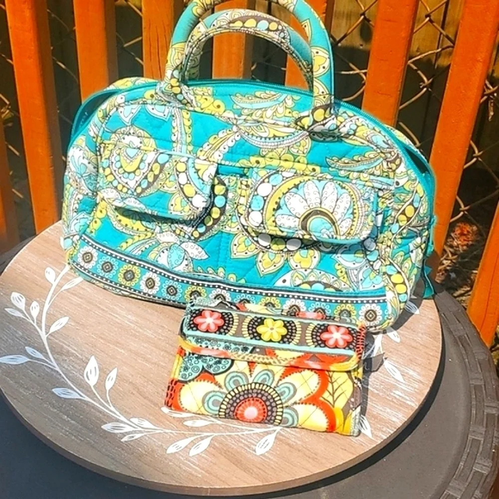 Vera Bradley Quilted Double Snap Front Pocket Sachel And Wallett